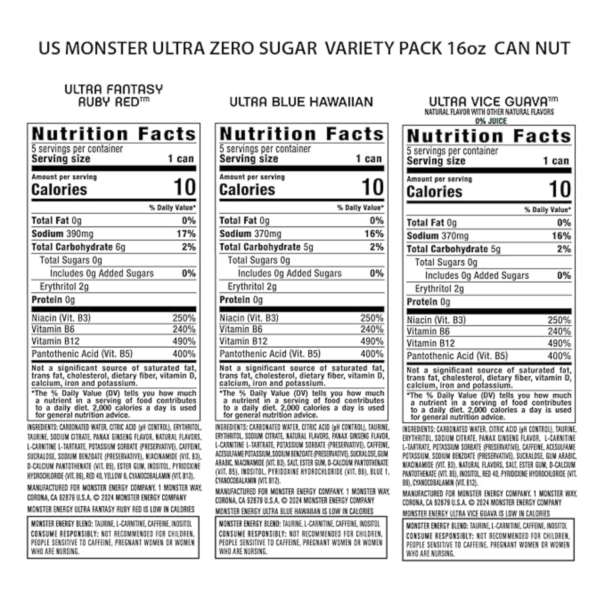 Monster Energy Ultra Variety Pack, Blue Hawaiian, Ultra Vice Guava, Ultra Fantasy Ruby Red, Sugar Free Energy Drink, 16 Ounce (Pack of 15)